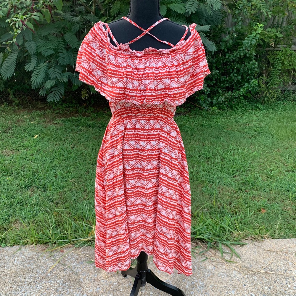 Boho Ruffle Midi Dress Sz S Off Shoulder Red White Summer Festival Party NWT